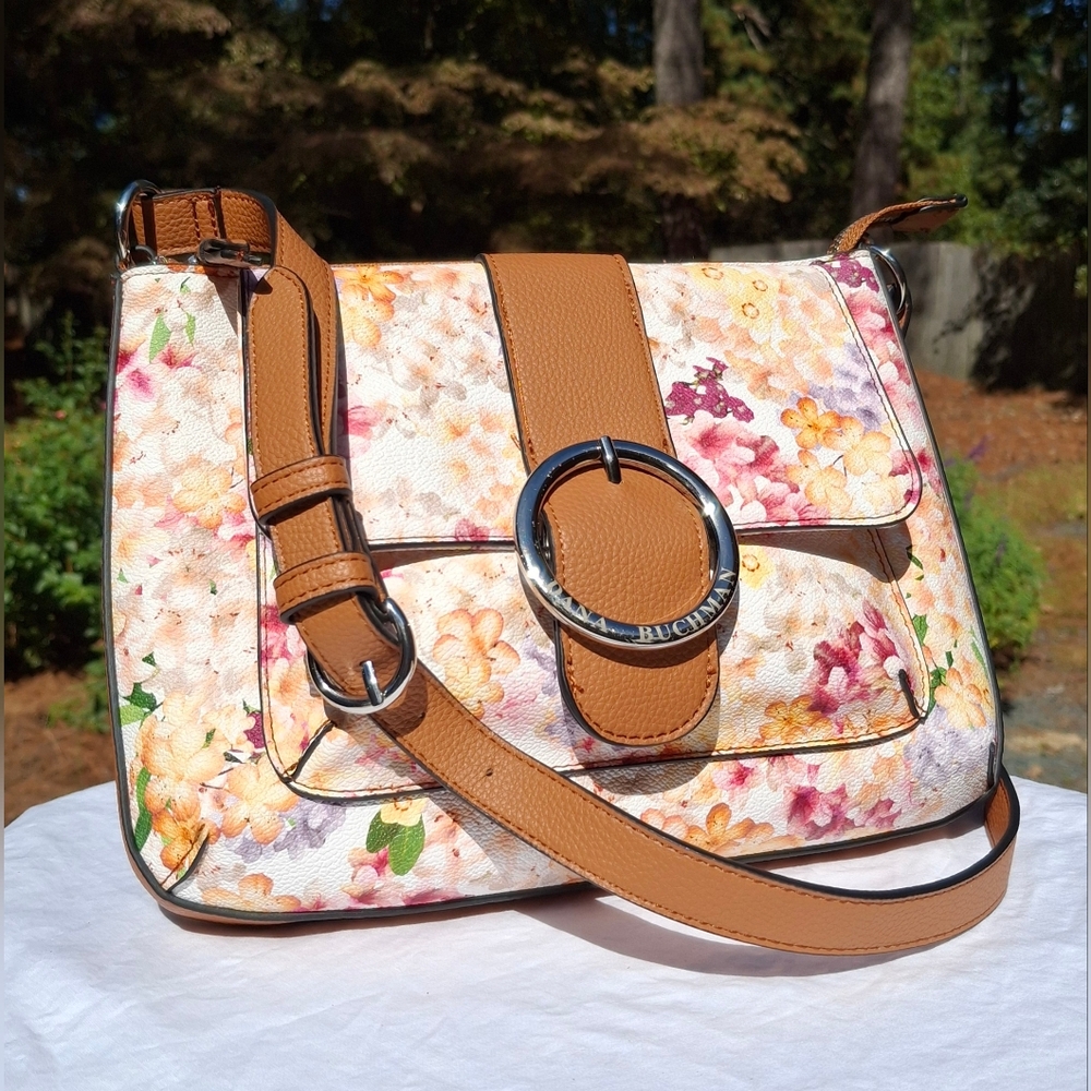 Dana Buchman Floral & Tan Veagan Leather Crossbody Shoulder Bag